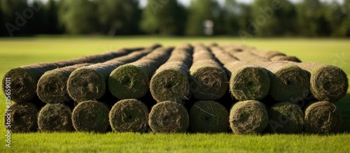 stacks of sod rolls for new lawn. copy space available photo