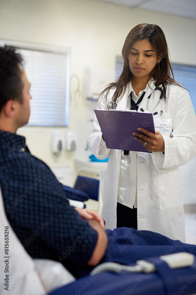 Doctor, woman and patient in clinic, clipboard and documents with healthcare, checklist and consultation. Physician, medical and professional with man, paperwork and questions with support or writing Doctor, woman and patient in clinic, clipboard and documents with healthcare, checklist and consultation. Physician, medical and professional with man, paperwork and questions with support or writing