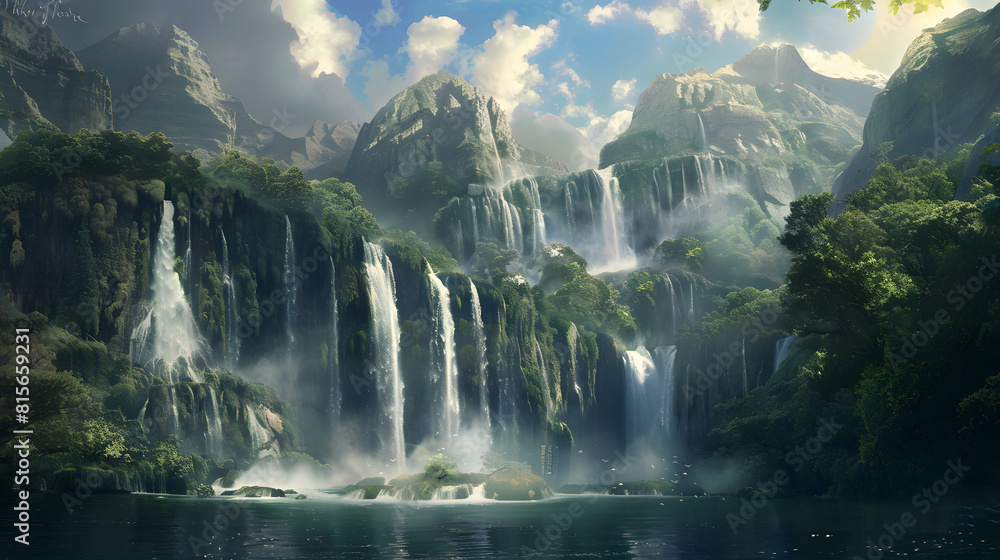 Three majestic waterfalls merging into a single stream, symbolizing the Trinity's oneness in diversity.