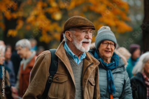 Elderly couple walking in the autumn park on a sunny day.