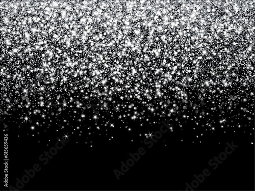 Silver glitter lights on black background. Sparkling glittering rain effect. Celebration backdrop for Christmas, wedding, birthday party. Luxury metallic frame, border. Vector.