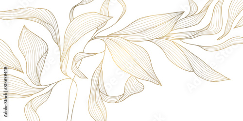 Vector golden flower background, luxury abstract line leaves composition. Art deco floral ornament, elegant summer print. Foliage drawing, vintage illustration 