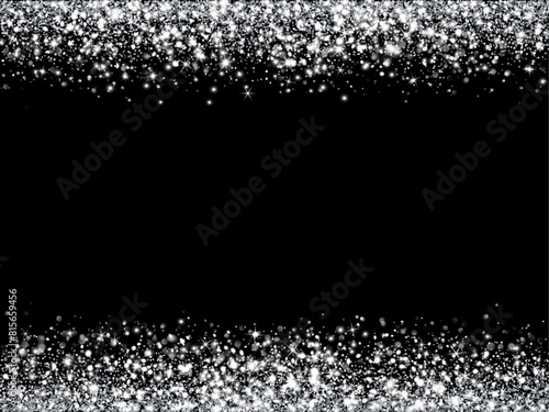 Silver glitter lights on black background. Sparkling glittering rain effect. Celebration backdrop for Christmas, wedding, birthday party. Luxury metallic frame, border. Vector.