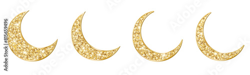 Golden glitter crescents. Half moon symbols. Traditional islamic decoration isolated on transparent background. Ramadan or Al-adha design elements. Muslim holidays icon. Vector
