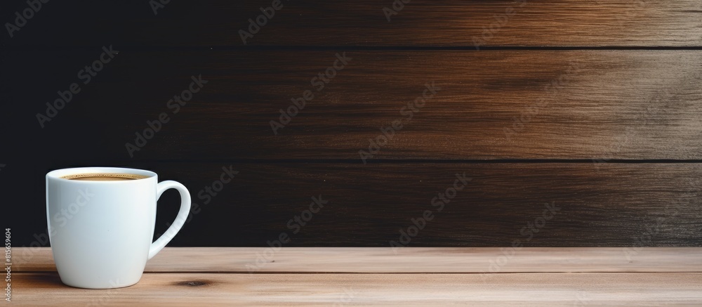 Coffee in white cup on wood table. copy space available Coffee in white cup on wood table. copy space available