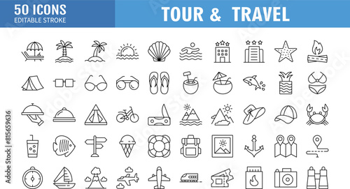Tour and Travel Vector Line Icon Set. This Icon set consists of Sunset, Swimming Pool, Surfing, Spa, Hotel, Airplane Ticket, Travel Destinations and so on