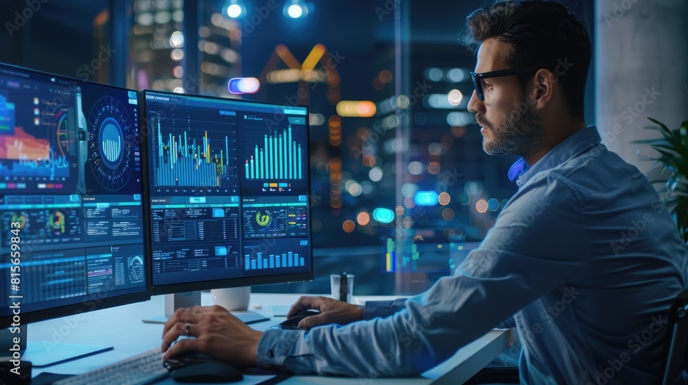 A business professional utilizes smart business software on a desktop computer, customizing workflows, automating tasks, and integrating data from multiple sources to drive operational efficiency and A business professional utilizes smart business software on a desktop computer, customizing workflows, automating tasks, and integrating data from multiple sources to drive operational efficiency and