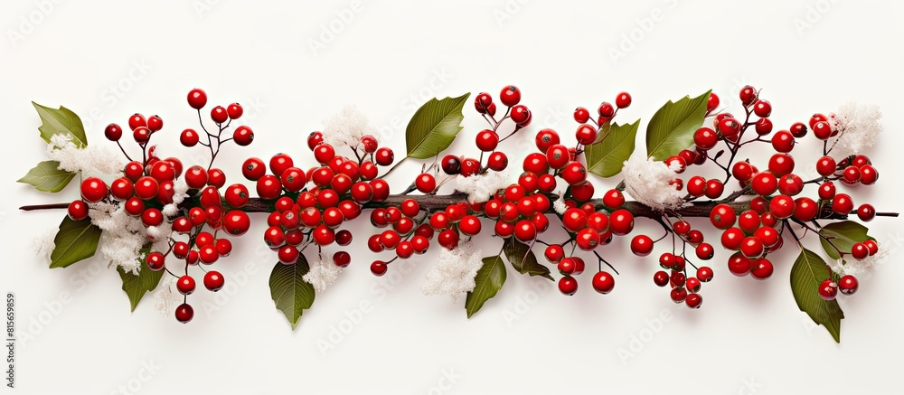 A festive Christmas themed arrangement featuring a pattern of tree branches and berries on a white background Capturing the essence of Christmas winter and the new year this composition is presented