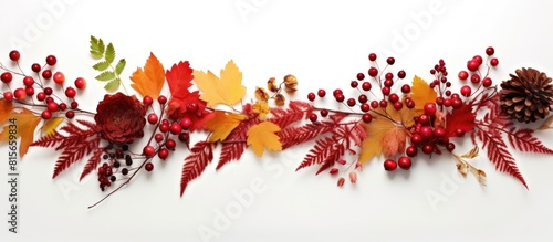 A composition of Autumn elements made by children featuring a wreath crafted from red leaves thuja twigs viburnum rosehips and berries The arrangement is laid flat on a white surface with a top down photo
