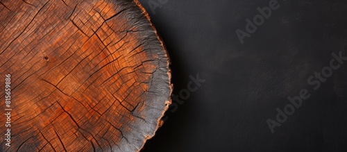 black ceramic plate with an irregular edge on an orange amate bark paper with a copy space photo