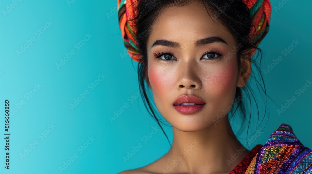 beautiful young asian woman with multicolored headscarf.