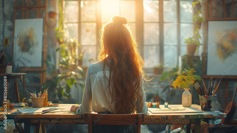 Artist with Long Hair Working in Sunlit Studio - ai generative Artist with Long Hair Working in Sunlit Studio - ai generative