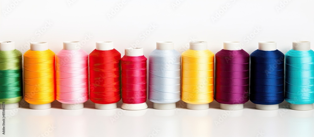 Rows of spools of thread of different colors on a white background Copy space Rows of spools of thread of different colors on a white background Copy space