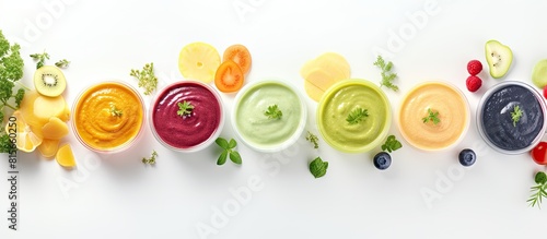 Fototapeta Naklejka Na Ścianę i Meble -  Vegetable and fruits puree for feed babies on white background space for text. copy space available