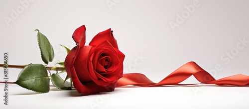 Fototapeta Naklejka Na Ścianę i Meble -  Red rose with red ribbon isolated on white background Love symbol Valentine s day present. copy space available