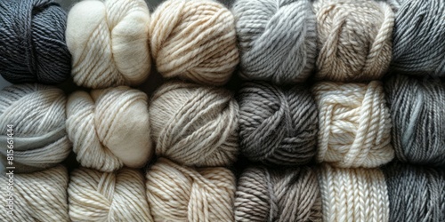 White and gray wool yarn balls as a background texture close up.