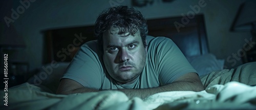 A lone man in bed wondering in the dark, representing obesity, nighttime thoughts, and potential impediments to a healthy lifestyle photo