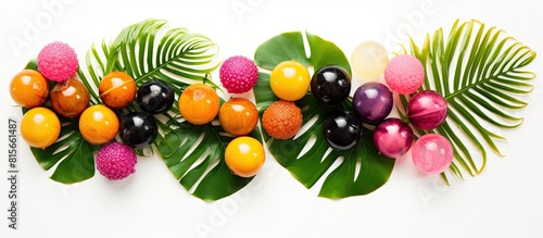 A colorful assortment of fruit marmalade balls rests on a vibrant tropical monstera leaf against a clean white backdrop as seen from above The image offers copy space