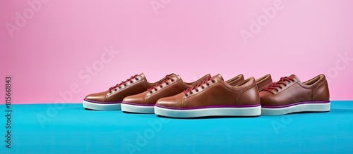 Pair of male s new sneakers made of brown leather laid out on a blue pink background Close up The Shoemaker s Holiday concept. copy space available photo