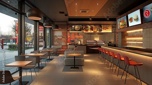 Fast food establishment with contemporary interior lighting and seating.