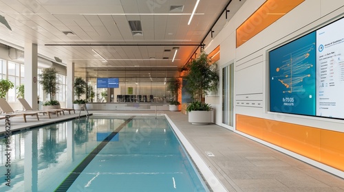 A smart office pool equipped with wearable tech for tracking laps and vitals, featuring an adjacent digital wall displaying real-time health data and personalized workout suggestions for employees.  © Hasni,s