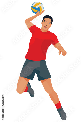 Asian volleyball player in a red sports uniform who jumps and throws the ball with one hand