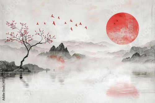 Wallpaper Mural A classic Japanese watercolor painting. The watercolor painting is black and white with a red moon. Torontodigital.ca