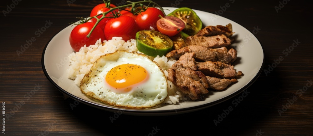 Fried egg meat chicken roll rice and tomatoes Paleo breakfast. copy space available Fried egg meat chicken roll rice and tomatoes Paleo breakfast. copy space available
