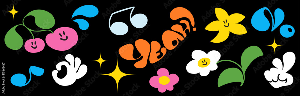 Naive playful cartoon seamless pattern. Cherry, music, lettering, star, daisy, vintage hands in the trendy cartoon retro style. Aesthetics of brutalism. Vector illustration with wavy geometric shapes. Naive playful cartoon seamless pattern. Cherry, music, lettering, star, daisy, vintage hands in the trendy cartoon retro style. Aesthetics of brutalism. Vector illustration with wavy geometric shapes.