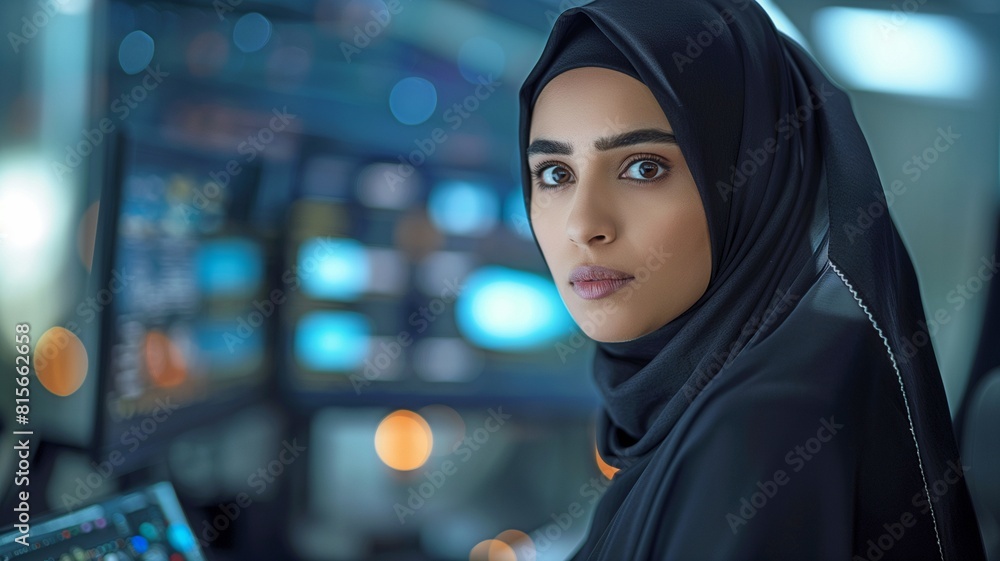 Modern office with a Saudi woman wearing a black headscarf and using a computer Modern office with a Saudi woman wearing a black headscarf and using a computer
