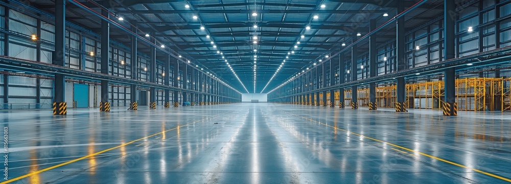 Large, vacant warehouse featuring polished flooring, lofty ceilings, and well-arranged pallets Large, vacant warehouse featuring polished flooring, lofty ceilings, and well-arranged pallets
