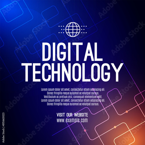 Digital technology social post banner sale template orange blue background, abstract cyber information communication, innovation future tech data, internet network connection, Ai big data illustration
