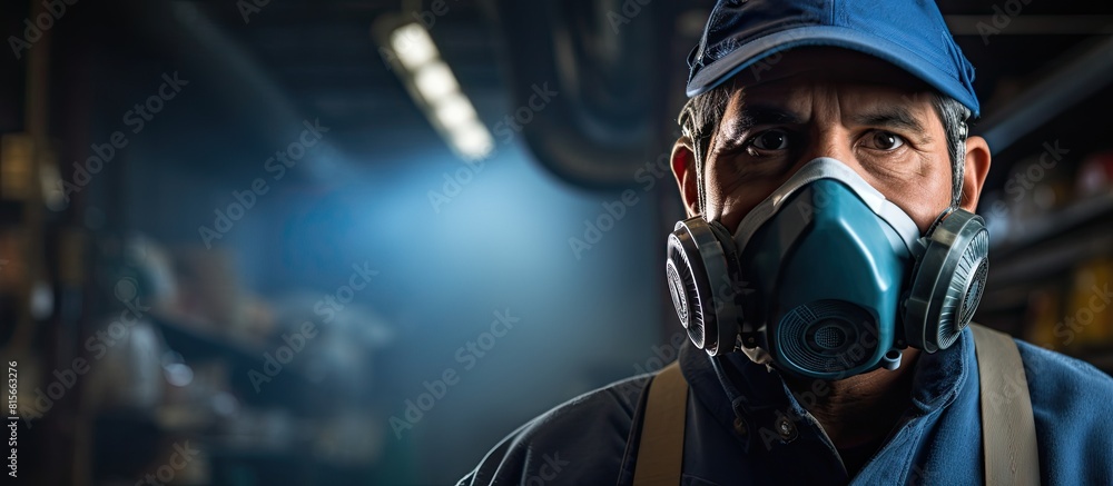 Portrait of an hispanic young worker standing in his workshop holding a protective respirator mask Real people at work. copy space available Portrait of an hispanic young worker standing in his workshop holding a protective respirator mask Real people at work. copy space available