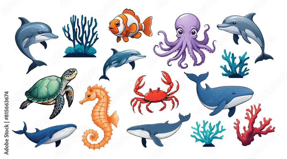 Obraz premium collection of aquatic animals and plants. vector illustration isolated on transparent background