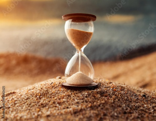 Details of an hourglass placed on the sandy desert ground illuminated by sunlight. Generated with AI