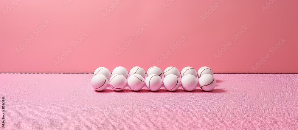 white ping pong balls and pink rackets on fitness mat on pink background. copy space available white ping pong balls and pink rackets on fitness mat on pink background. copy space available