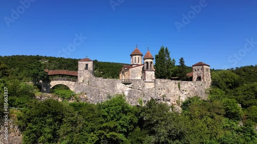 Ascending drone footage of the Motsameta monastery at the Imereti region, Kutaisi, Georgia photo