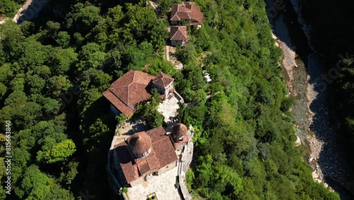 Bird's-eye drone footage of Motsameta monastery on a sunny day in Imereti, Kutaisi, Georgia photo