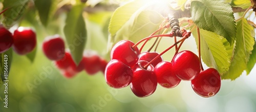 Morello cherry berries lie on the background of a light tree Copy space for text photo