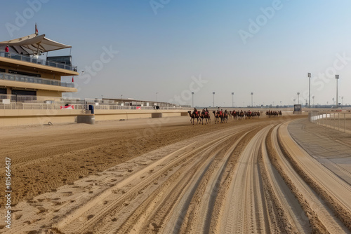 Dubai, UAE, Mar 21, 2018 Camels can be seen coming in the distance as they round the bend at the camel race track photo