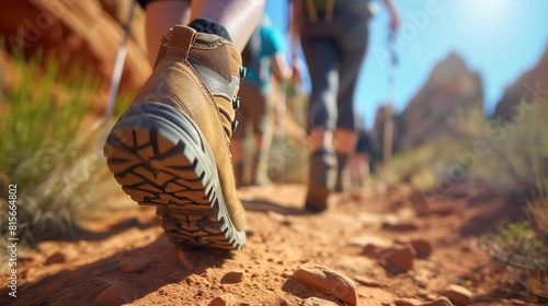 A person with hiking boots explores the natural landscape of a forest, walking along a woodland path. The vibrant electric blue sky complements the lush green scenery. AIG41