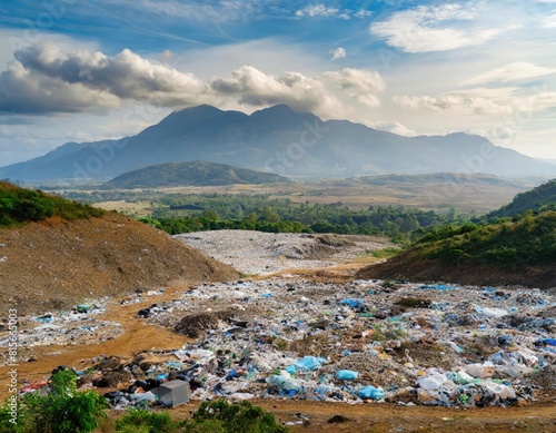 A pile of garbage in a landfill symbolizes waste abundance, reflecting concerns about biohazards, global warming, and ecosystem health. Generated with AI