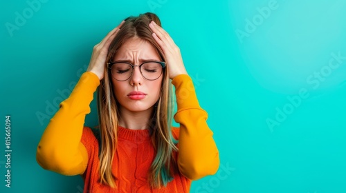 Migraine a headache that can cause severe throbbing pain or a pulsing sensation, usually on one side of the head. It is often accompanied by nausea, vomiting, and extreme sensitivity photo