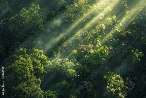 Aerial Close-Up of Rainforest Canopy with Sunlight, Illuminated View