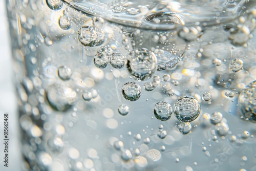 Close-Up of Glass Filled with Effervescent Soda Water, Bubbles Rising photo