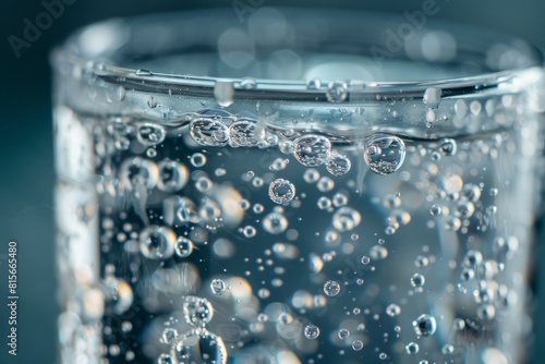Glass of Carbonated Soda Water, Close-Up with Rising Bubbles photo