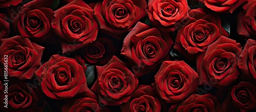 Fototapeta Naklejka Na Ścianę i Meble -  Red roses flowers top view. copy space available