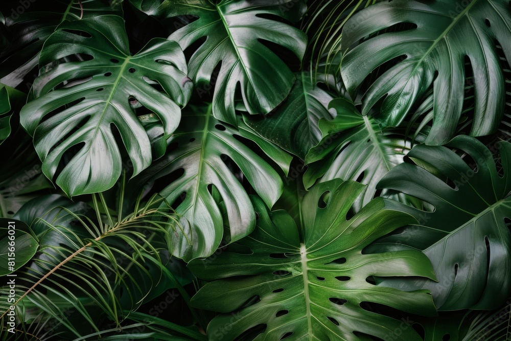 Close-up view of lush green monstera leaves against a dramatic black background. Close-up view of lush green monstera leaves against a dramatic black background.