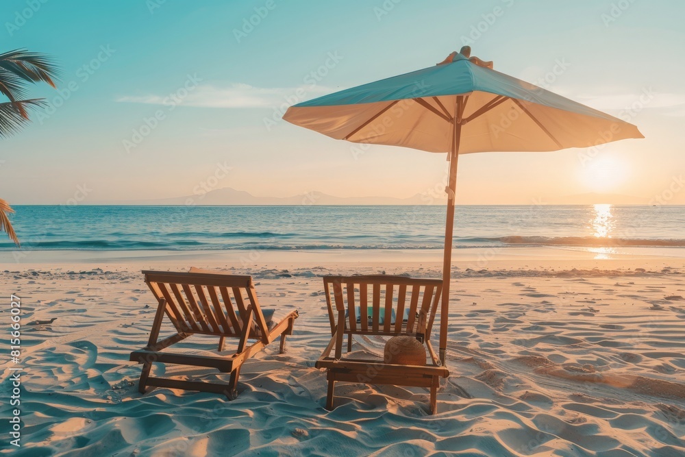 Two lounge chairs under an umbrella face the tranquil ocean, basking in the warm hues of a tropical sunset. Two lounge chairs under an umbrella face the tranquil ocean, basking in the warm hues of a tropical sunset.