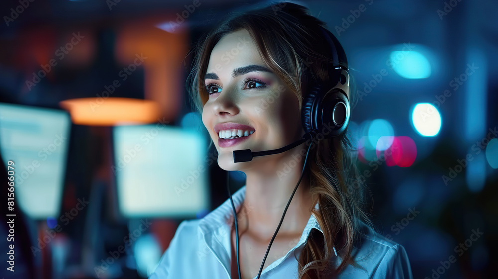 Call center, young woman and smile in contact us with CRM, headset with mic and mockup space. Customer service consultant, happy female and telemarketing with sales and help desk Call center, young woman and smile in contact us with CRM, headset with mic and mockup space. Customer service consultant, happy female and telemarketing with sales and help desk